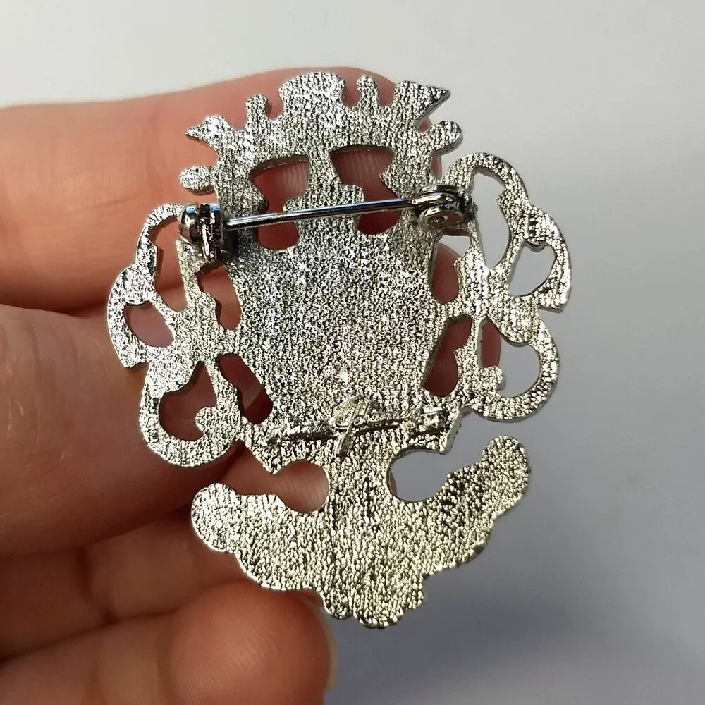Ginnie Johansen Silver Tone Crest Pin Brooch Signed Preppy Regency Costume